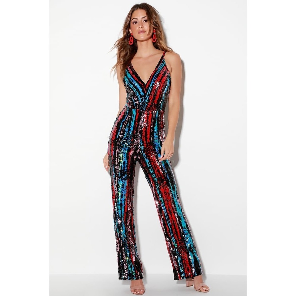 Dress The Population Jumpsuit Womens M Charlie Multi Color Sequin V-Neck Zip New